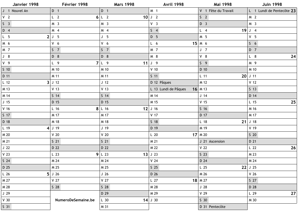 Calendrier 1998 avec jours fériés en Belgique et numéro des semaines