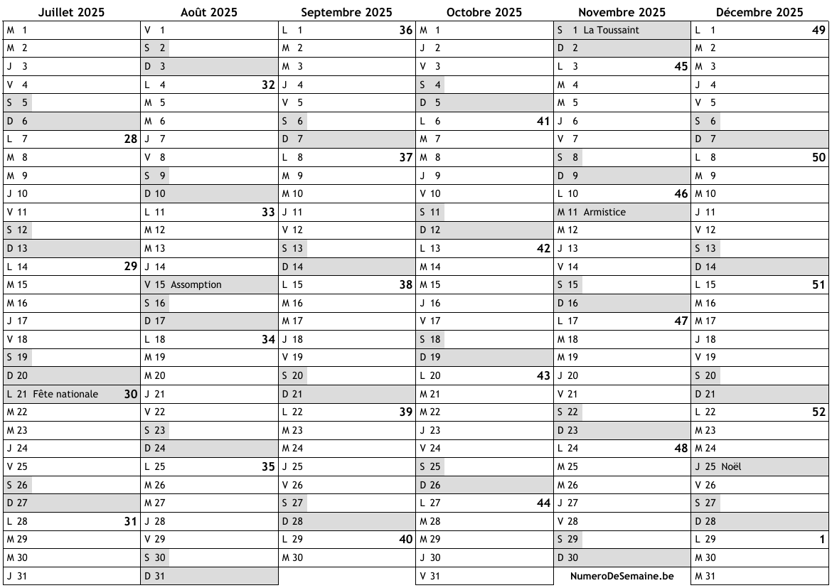 Calendrier 2025, 2ème semestre